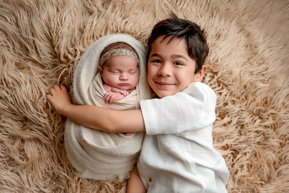 Smiling older boy hugging swaddled newborn baby sister on a fluffy beige fur rug in a professional photo.