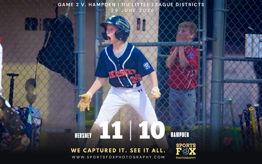 Hershey 11U Blue scoreboard graphic for the 11-10 District 6 Championship win over Hampden, by Deanna Fox, SportsFox Photography, Hershey PA