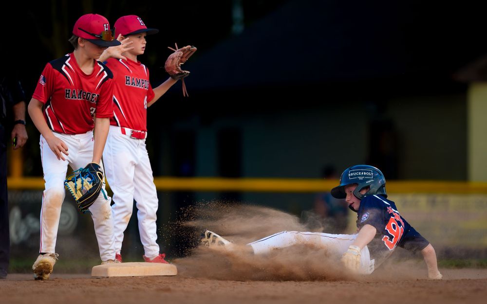 Hershey 11U Blue baserunner slides into second base as Hampden infielders cover the bag, by Deanna Fox, SportsFox Photography, Hershey PA
