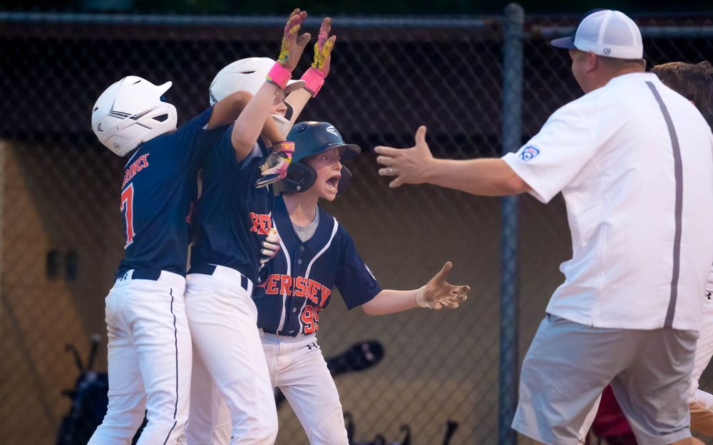 Hershey 11U Blue players high-five at the fence celebrating during the District 6 Championship game against Hampden, by Deanna Fox, SportsFo