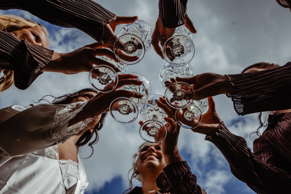 Group of people raising crystal wine glasses in a celebratory toast, photographed from below against a cloudy sky.