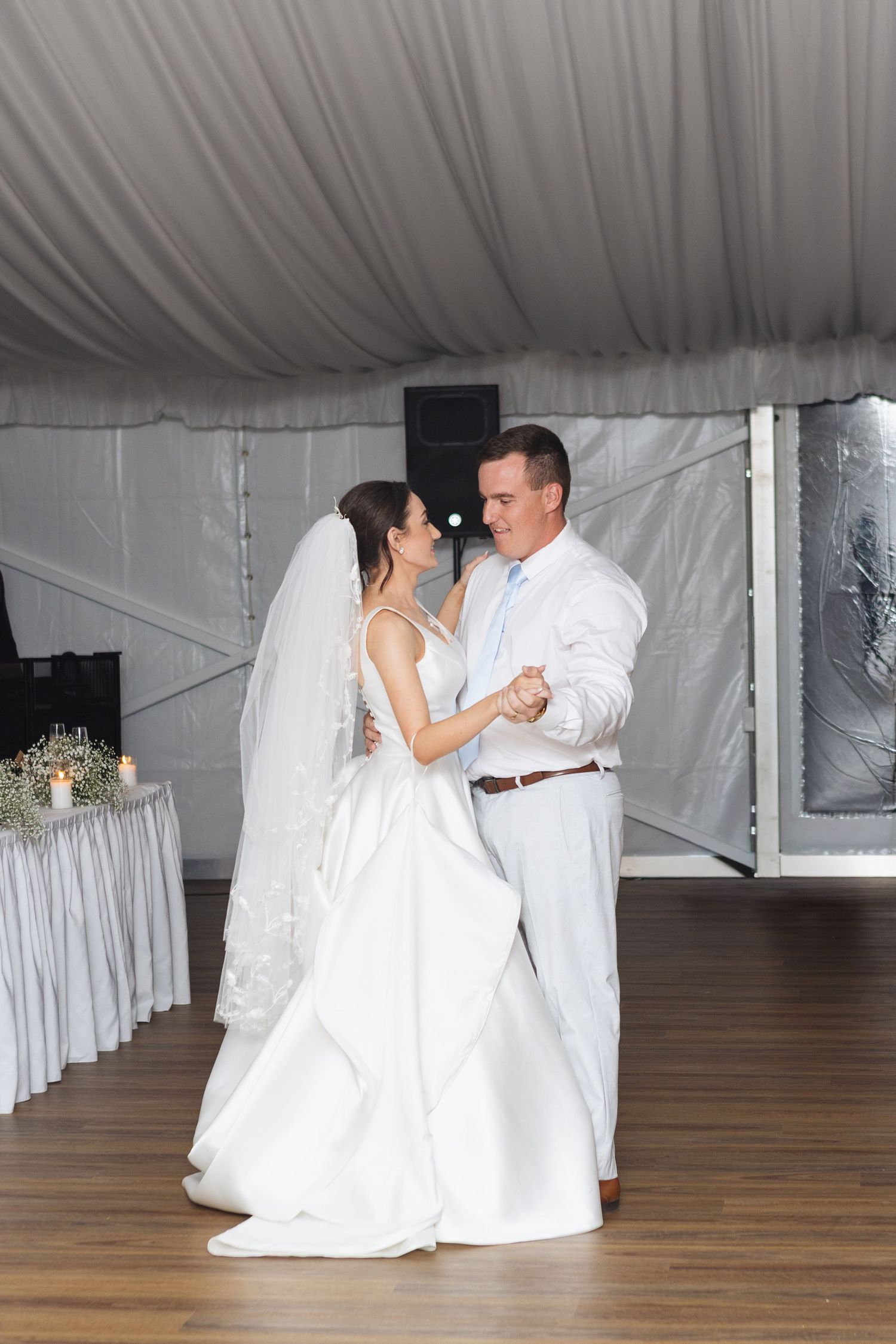 Bride and groom during their first dance at Two Rivers Winery Wedding in Denman