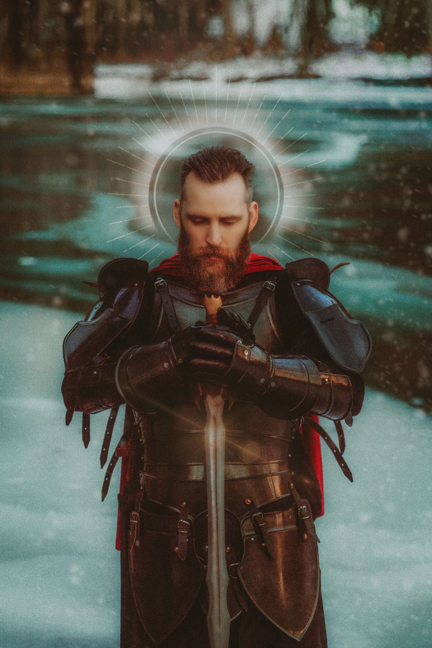 Handsome man in armor standing beside a river. Halo and broadsword. Photographed in Saltsburg, Pennsylvania