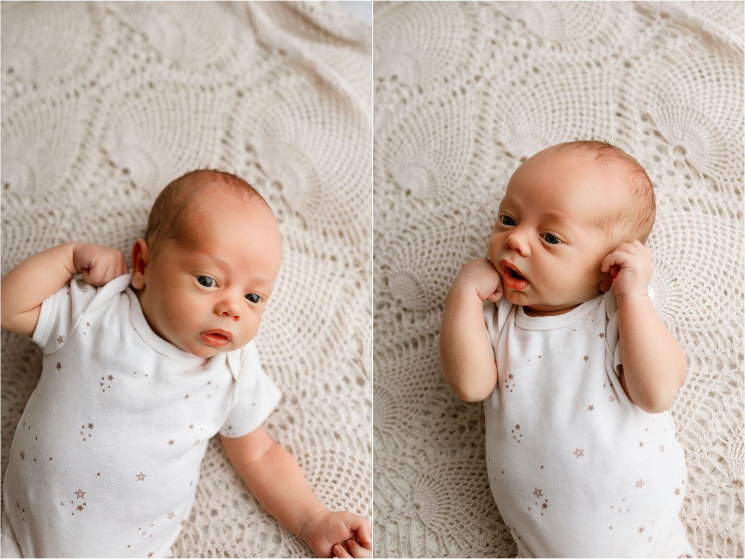 Newborn baby in white onesie lying on cream crochet blanket, alert and wide-eyed in two poses.