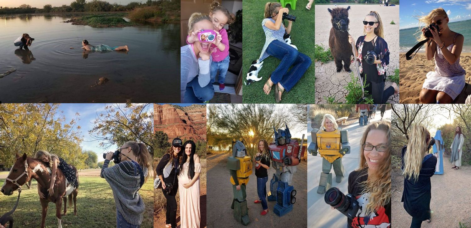 Collage of photographers and families outdoors, including a woman with a camera, a child with a mother, a horse, and a lake scene.