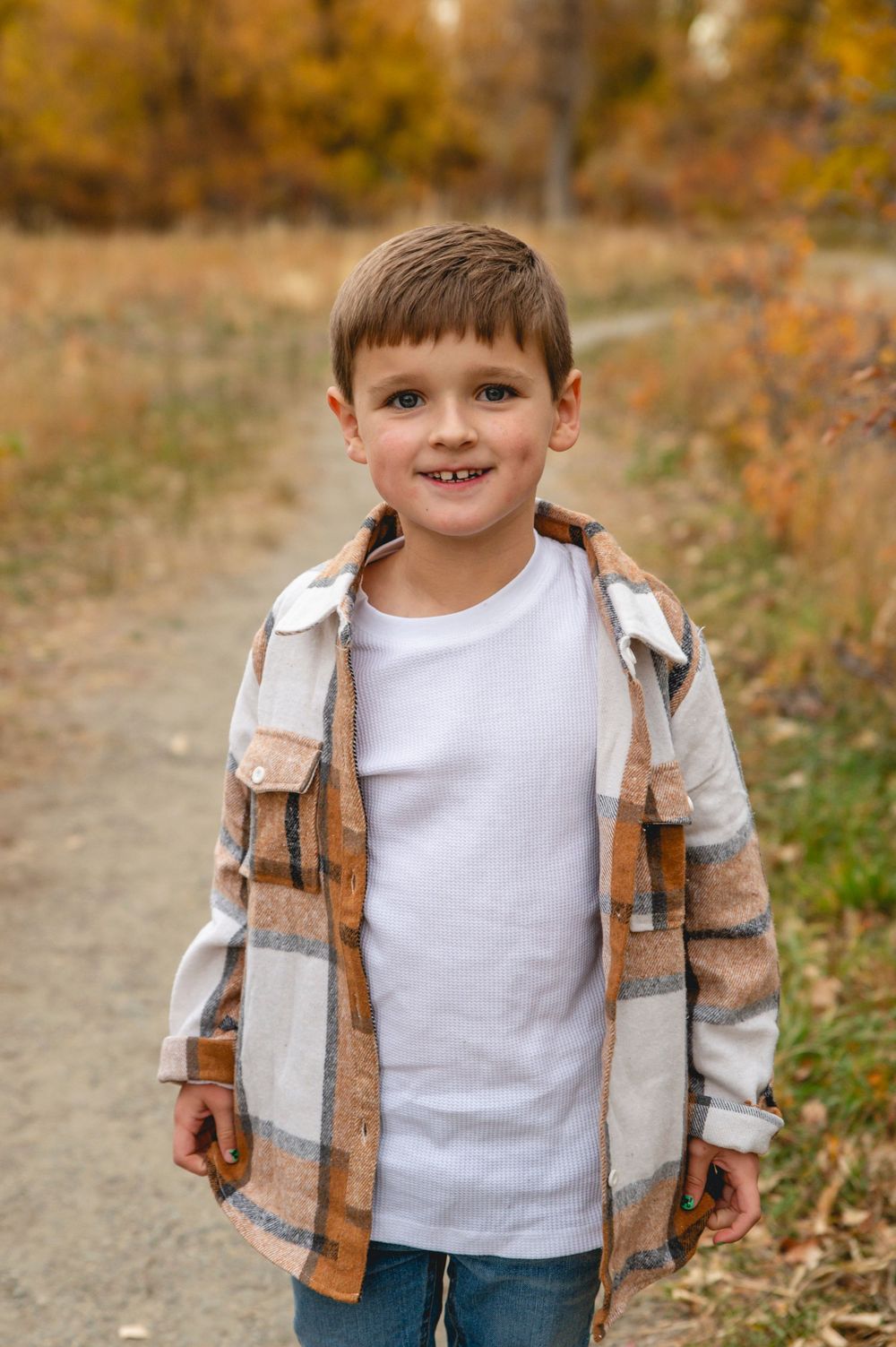 Smiling young boy in plaid shirt and white tee stands on autumn trail with golden foliage background.