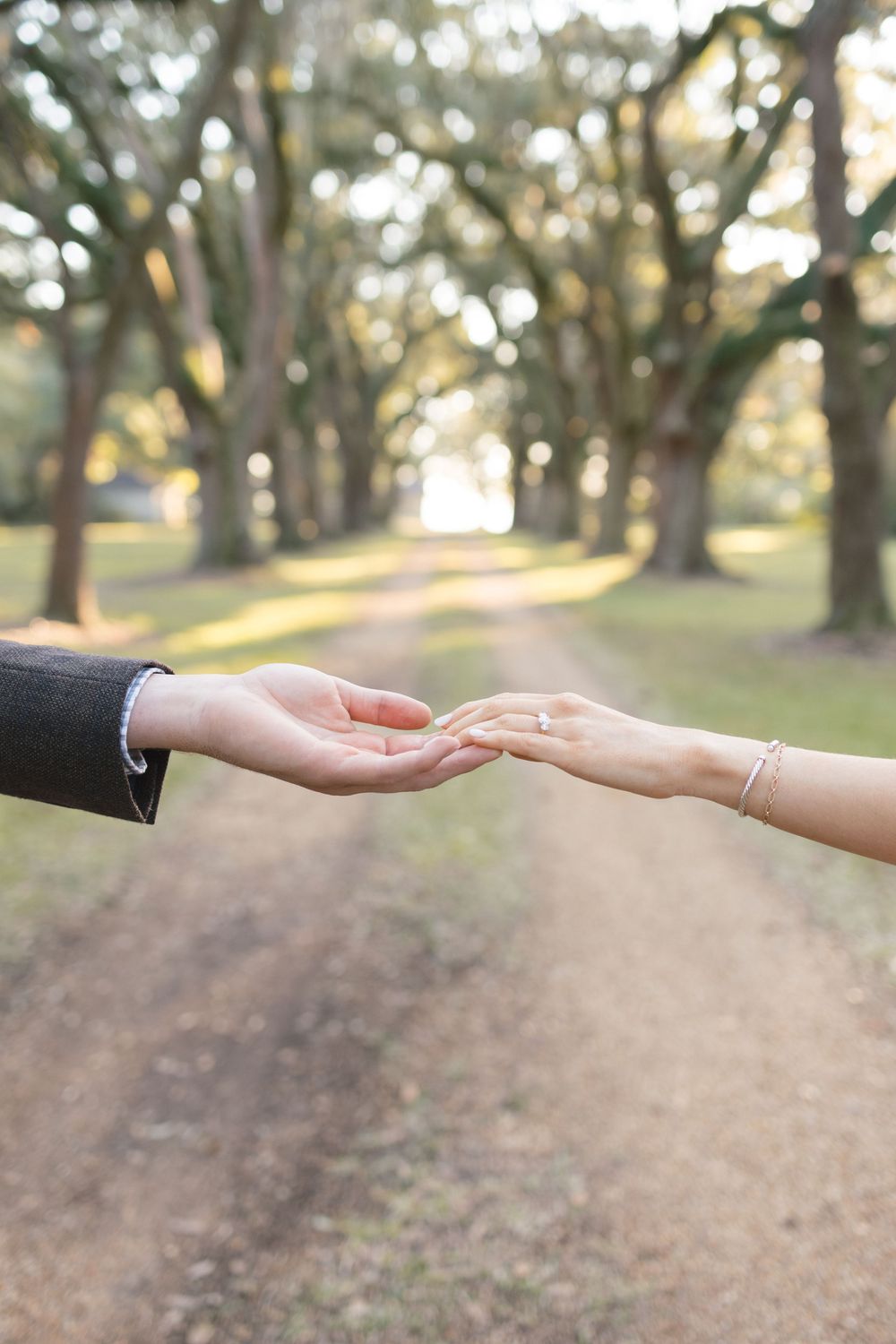 Couple gently touching hands on a scenic tree-lined dirt path during engagement photo session.