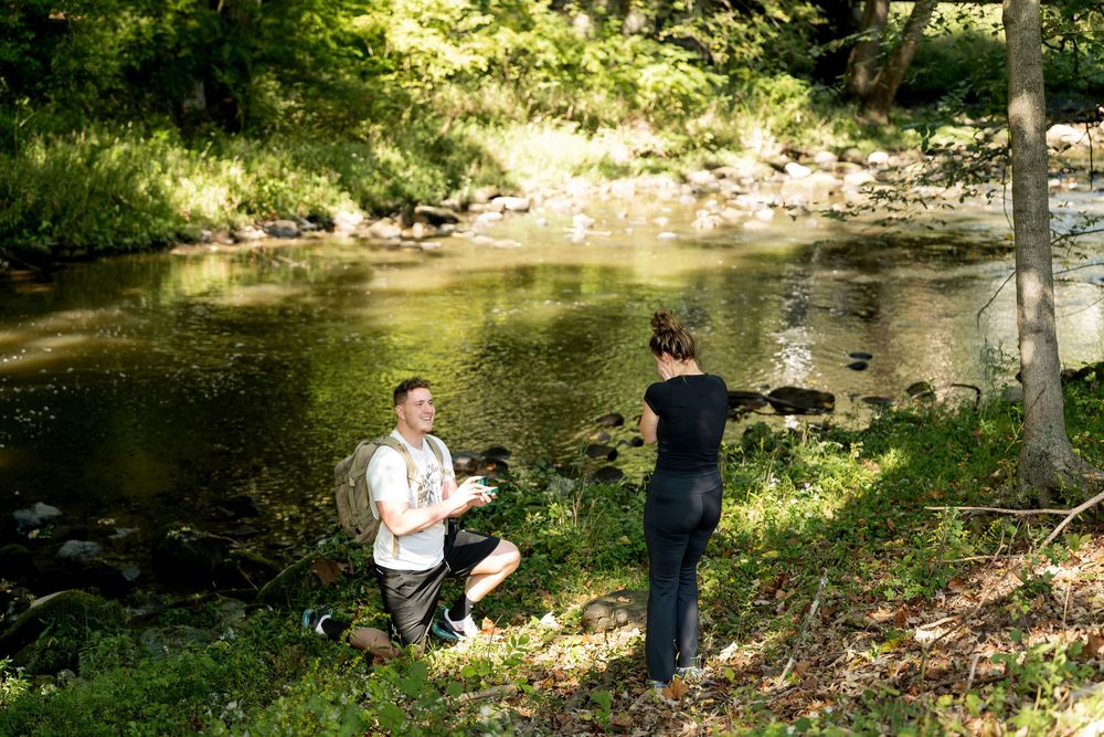 Man kneeling to propose to woman by a peaceful forest creek surrounded by lush green trees.