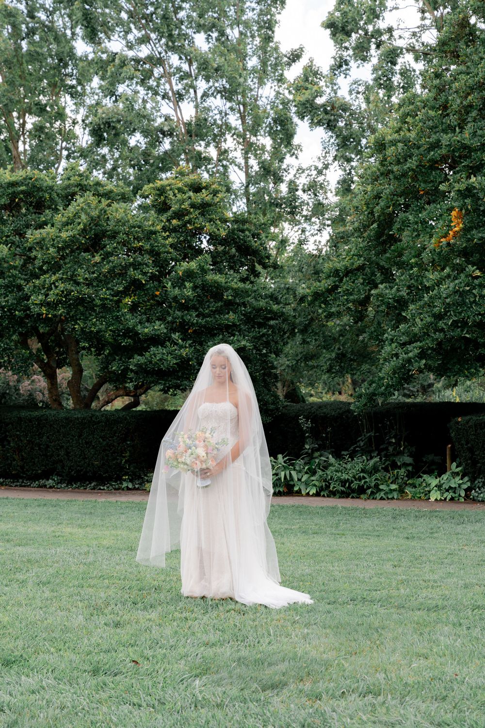 Bride stands alone on green lawn wearing white strapless gown and long veil, holding pastel floral bouquet.