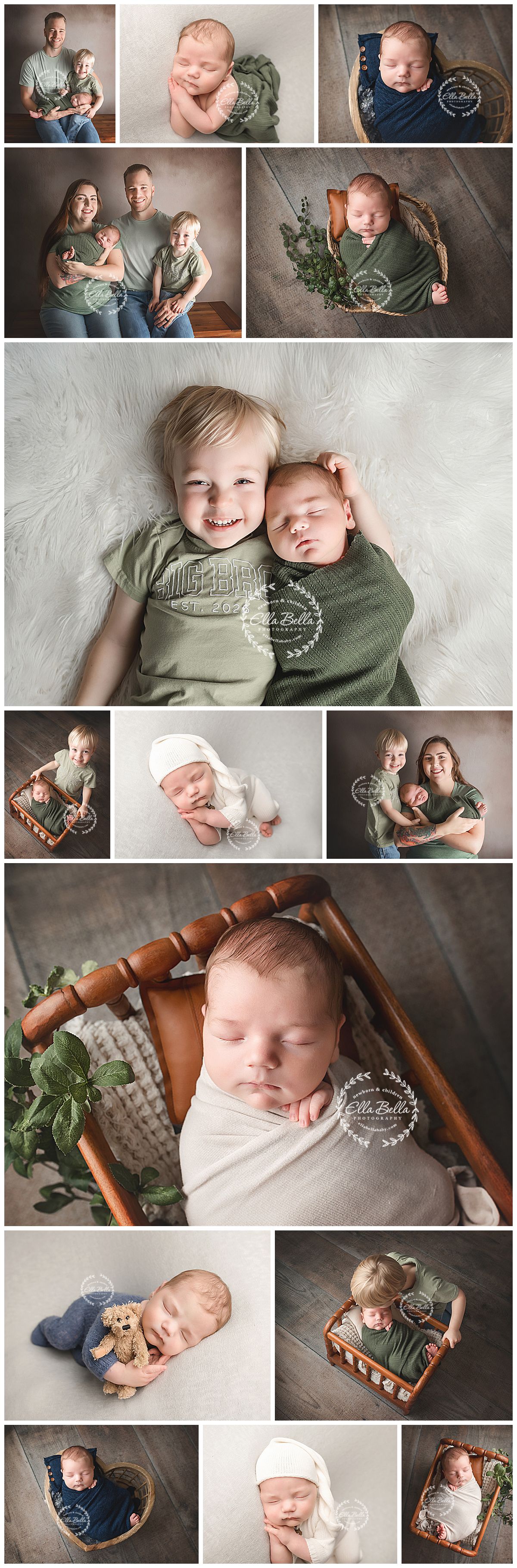Professional newborn photography collage featuring a family with a toddler sibling and swaddled baby in green and navy tones.