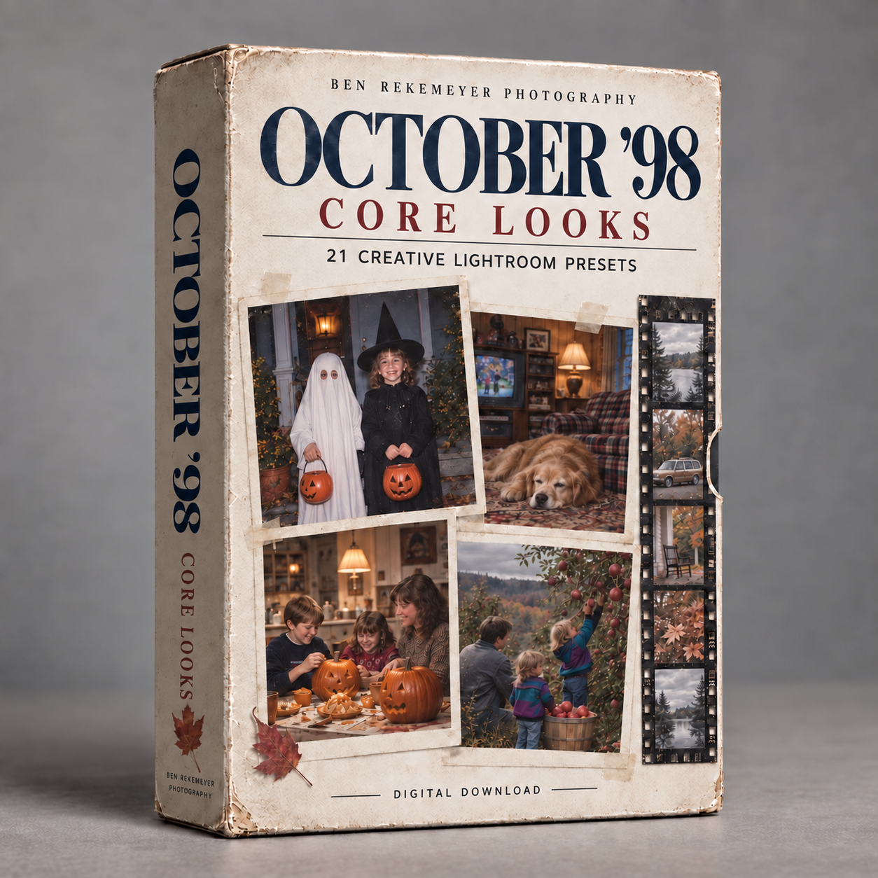 October 98 Core Looks Lightroom presets box featuring Halloween and autumn-themed photo samples with vintage film aesthetic.