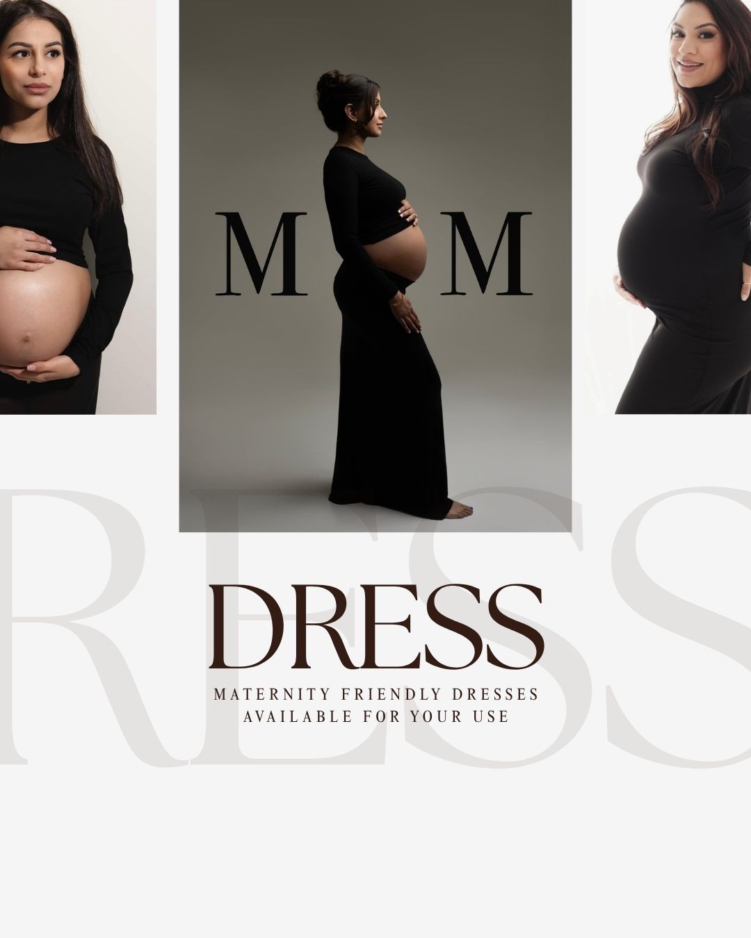 Three pregnant women in black maternity dresses posed elegantly, promoting mom-friendly dress rentals for maternity photography sessions.