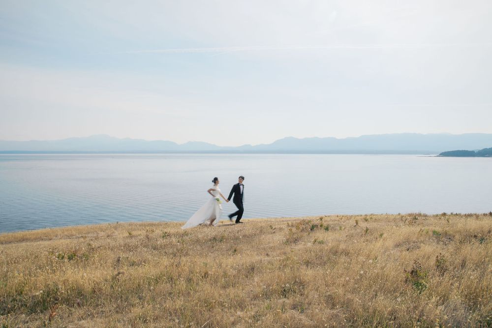 A bride and groom walk hand in hand through golden coastal meadow with calm blue water and mountains in the background.