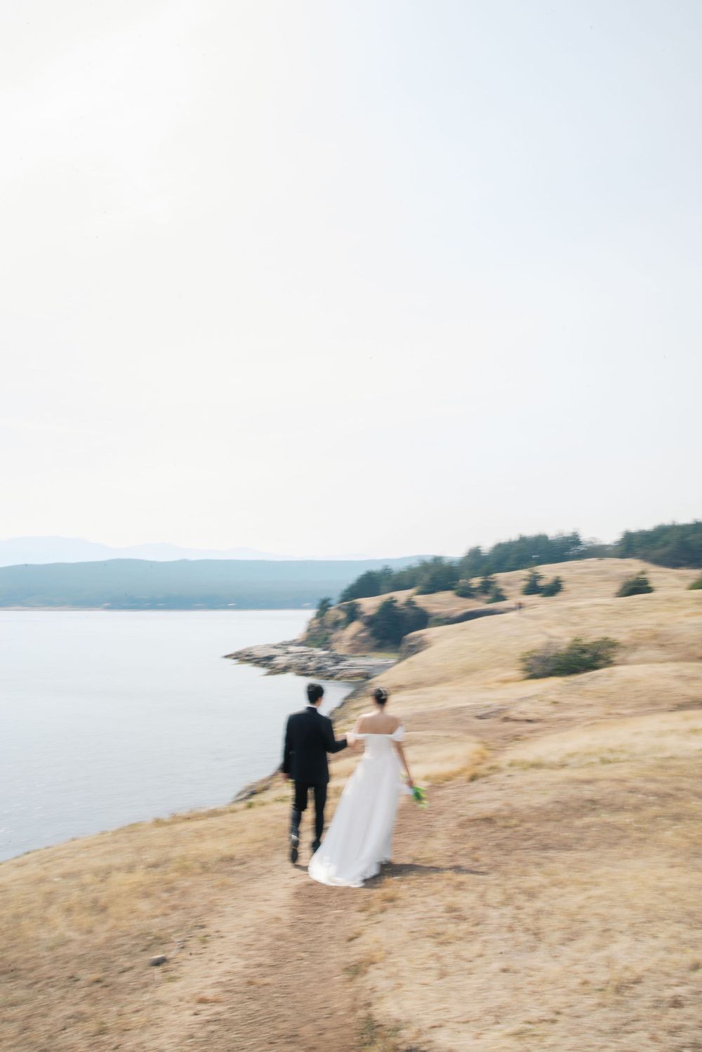 Bride and groom walking hand in hand along a scenic coastal bluff with calm waters and forested hills.