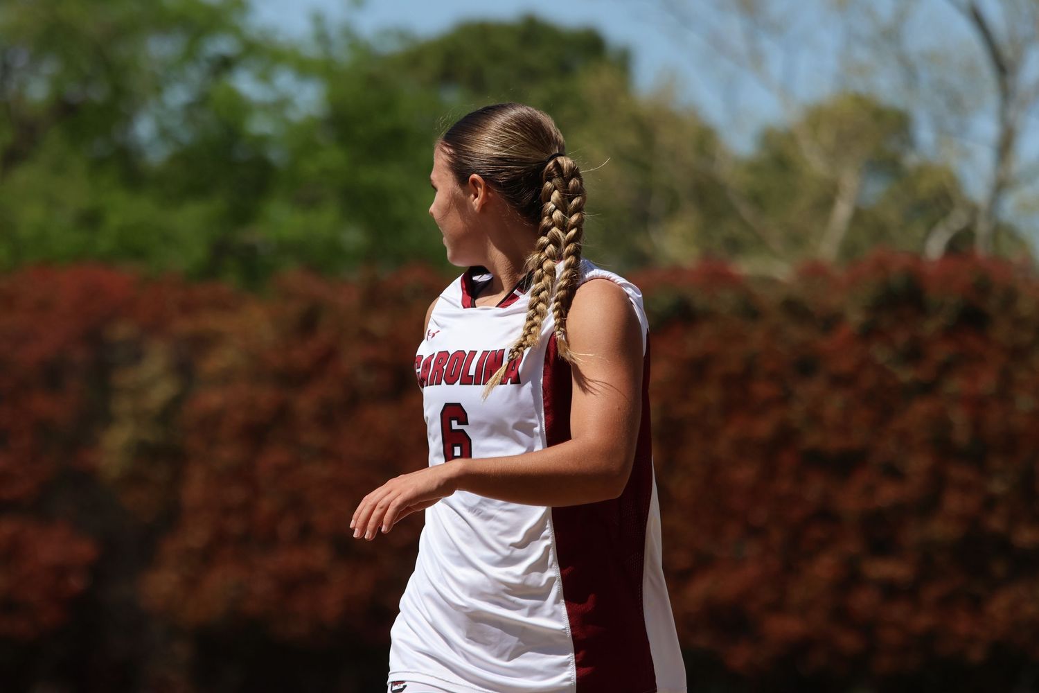South Carolina women's soccer player wearing number 6 watches play from the field.
