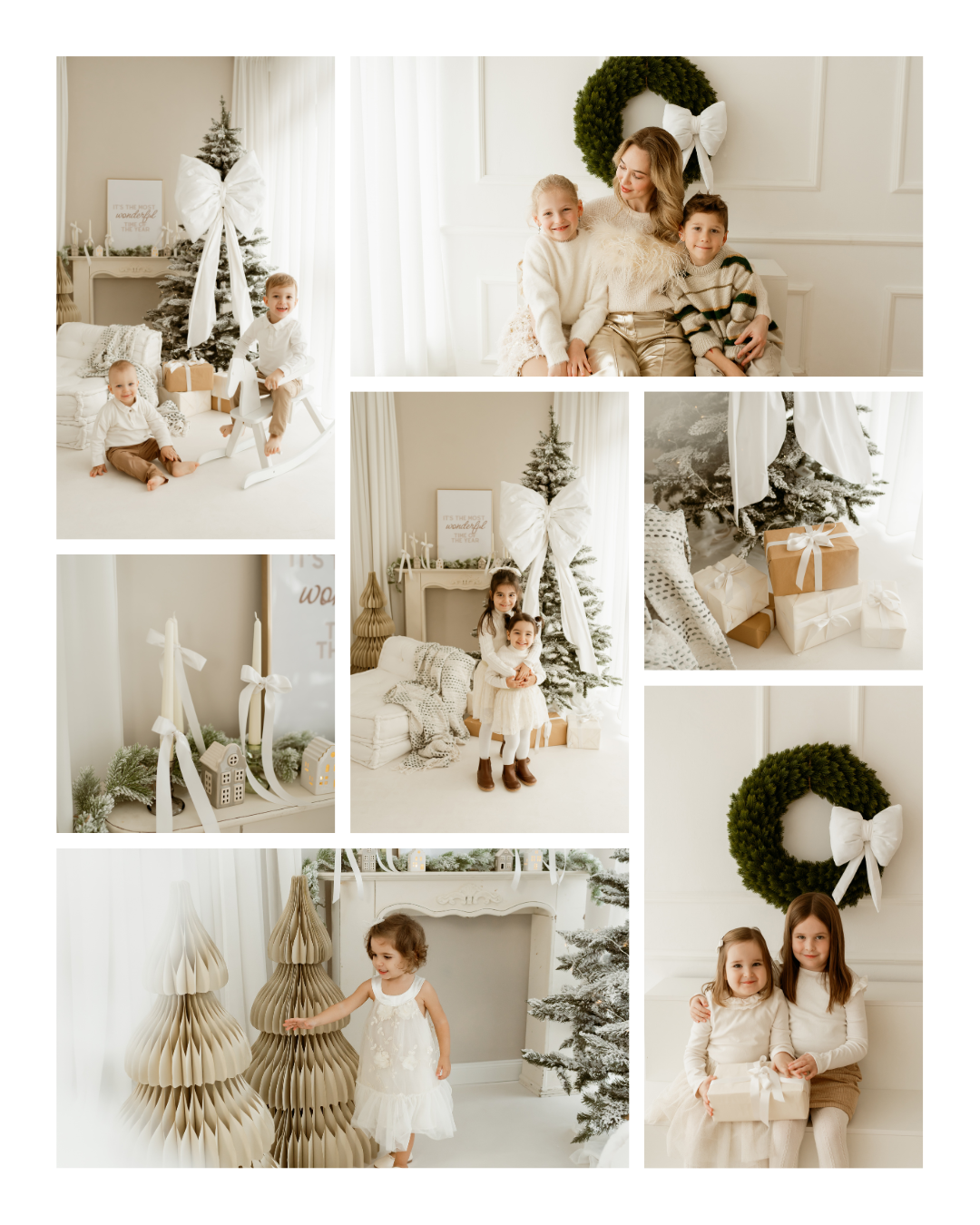 Family Christmas photo collage featuring children and parents in white outfits near decorated trees with gifts.