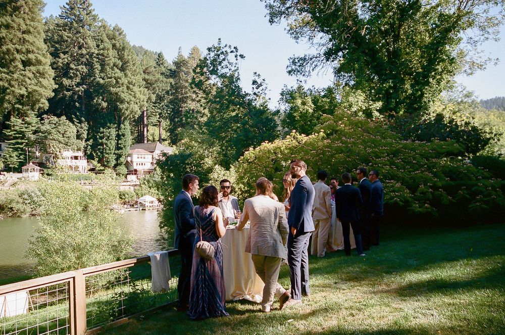 Wedding guests gather on a lush green lawn by a serene river, surrounded by tall trees on a sunny day.