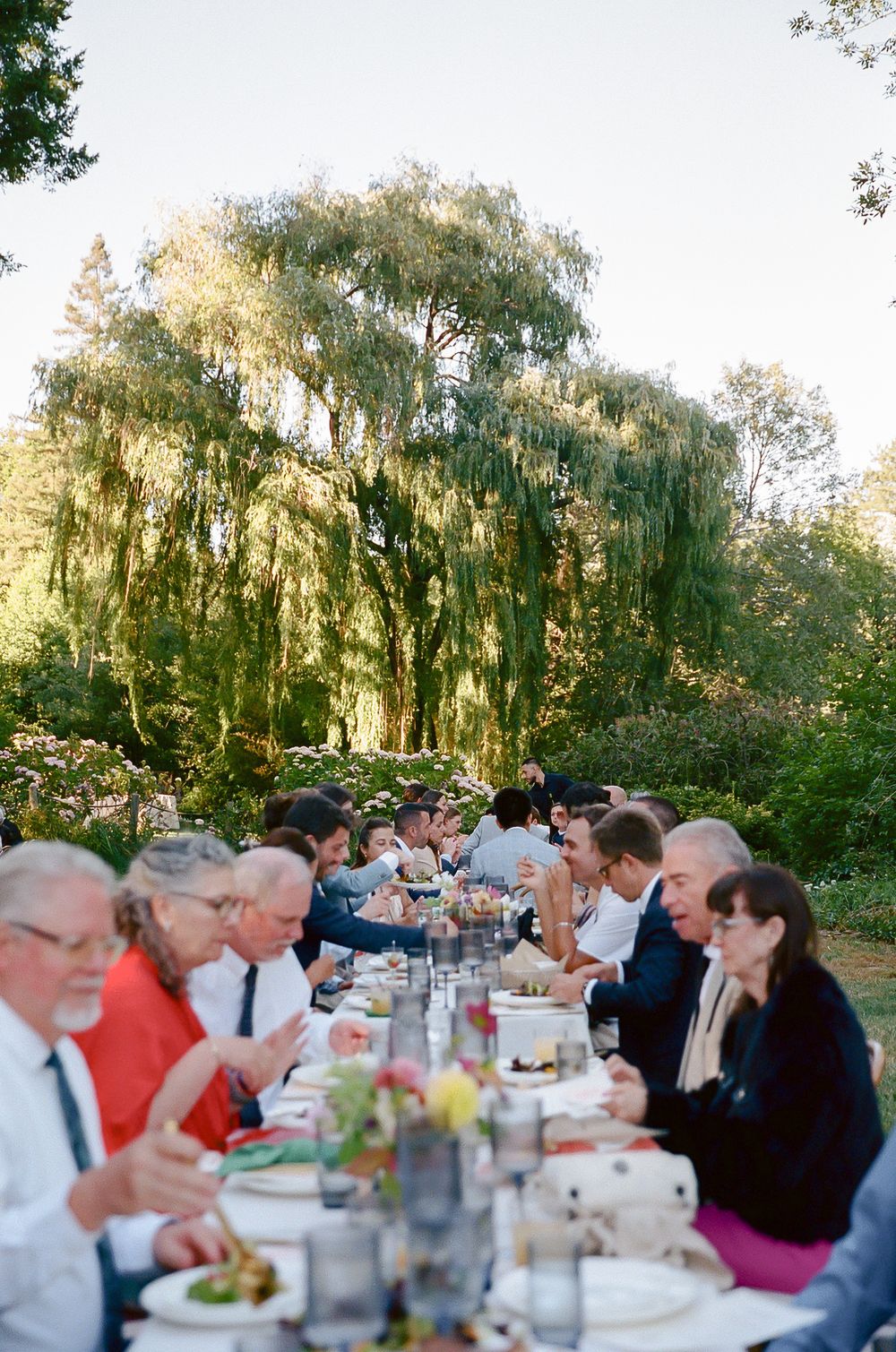 Guests dining at a long outdoor table beneath a weeping willow tree at an elegant garden wedding reception.