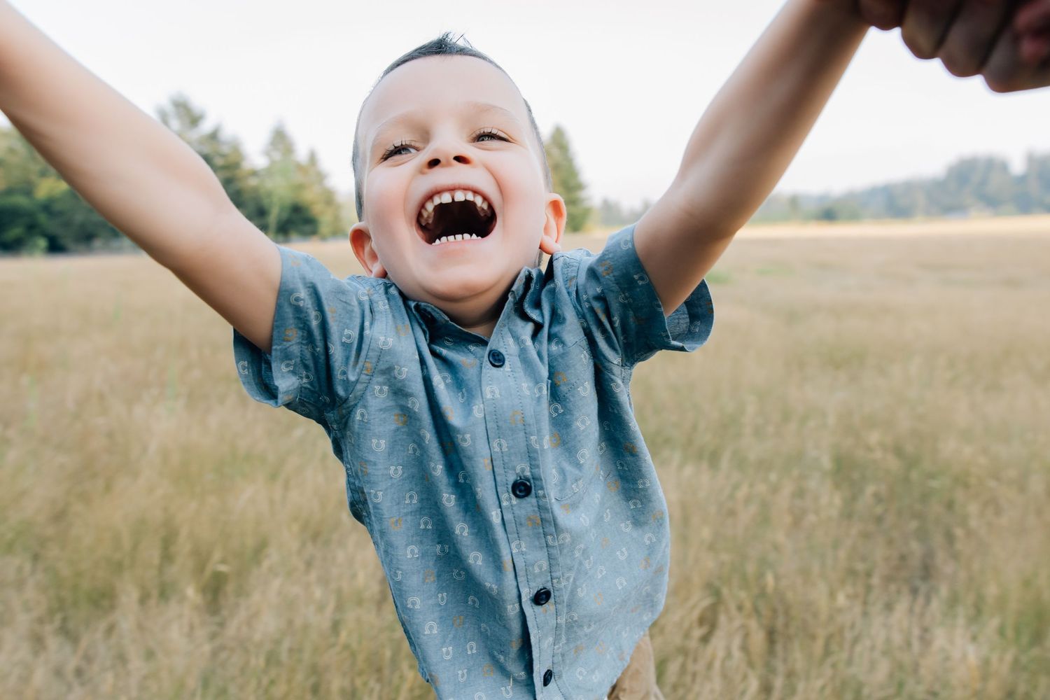 Joyful young boy laughing with arms raised in a golden field, wearing a blue shirt on a sunny day.
