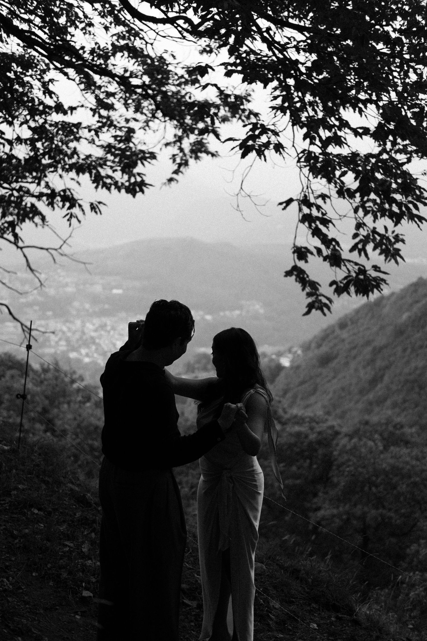 Black and white silhouette of a romantic couple embracing on a mountain overlook, framed by tree branches.