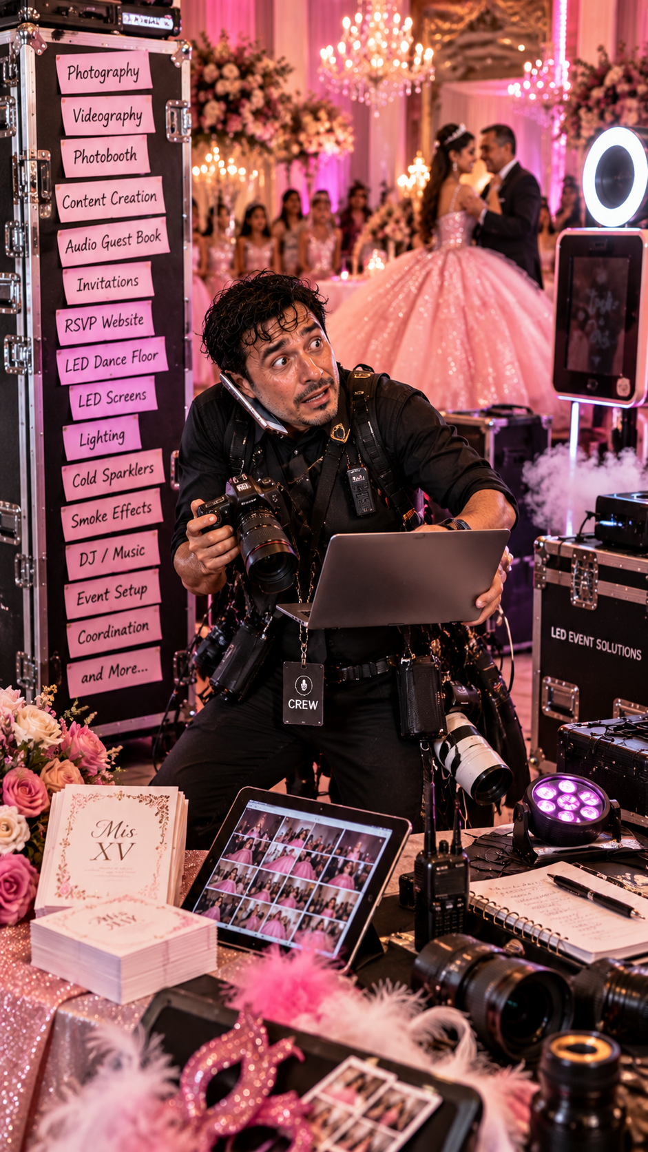 Dallas quinceañera photography team captures luxury quince photos and video with experienced DFW photographers and dedicated booth staff