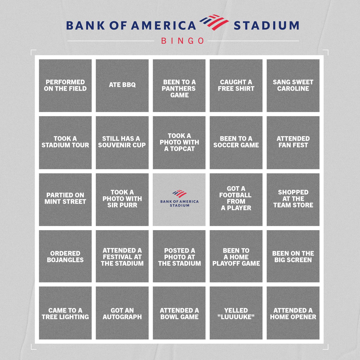 Bank of America Stadium Bingo card featuring fun fan activities like attending games, getting autographs, and singing Sweet Caroline.