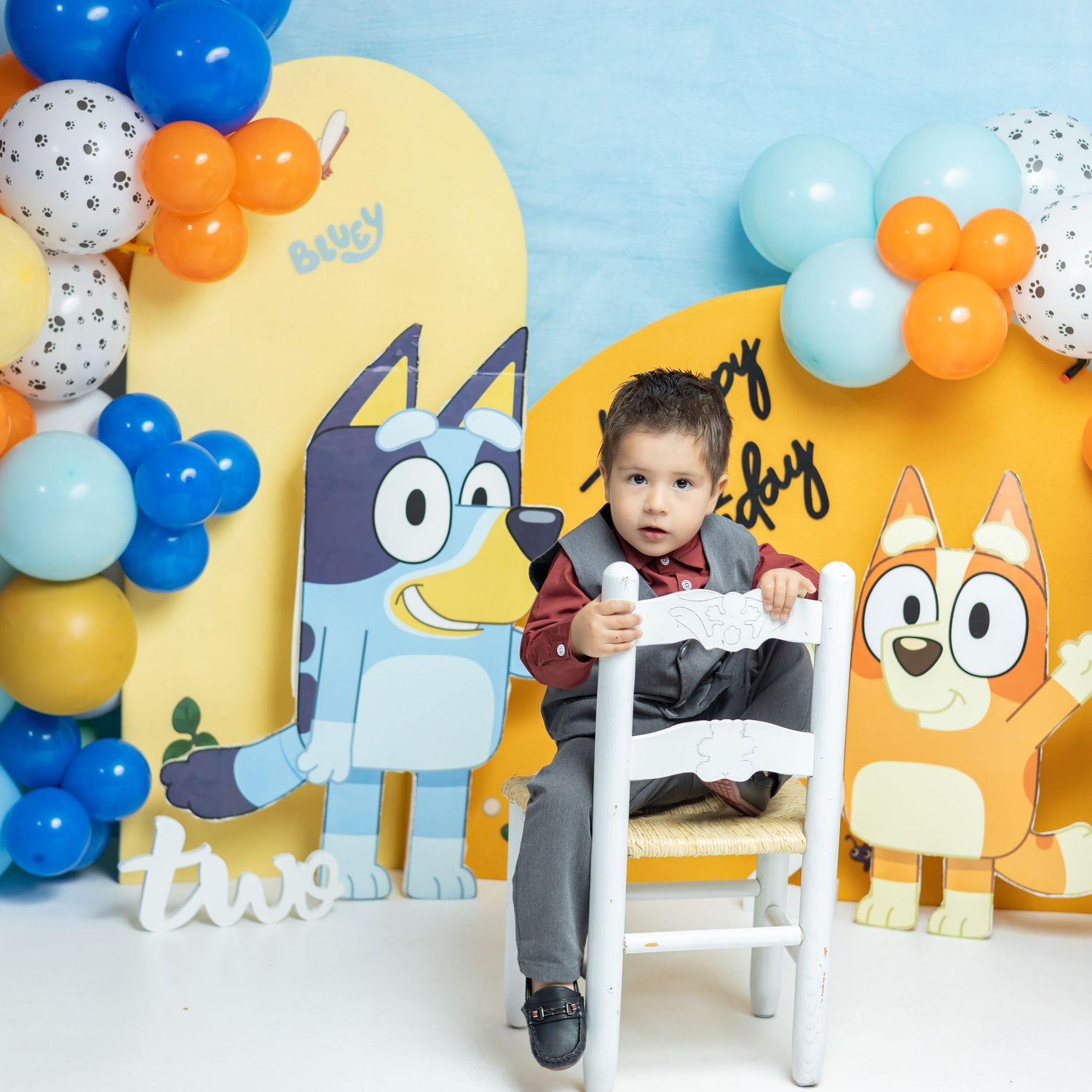 Toddler boy sits in white chair at Bluey-themed second birthday party with balloon garland and character cutouts.