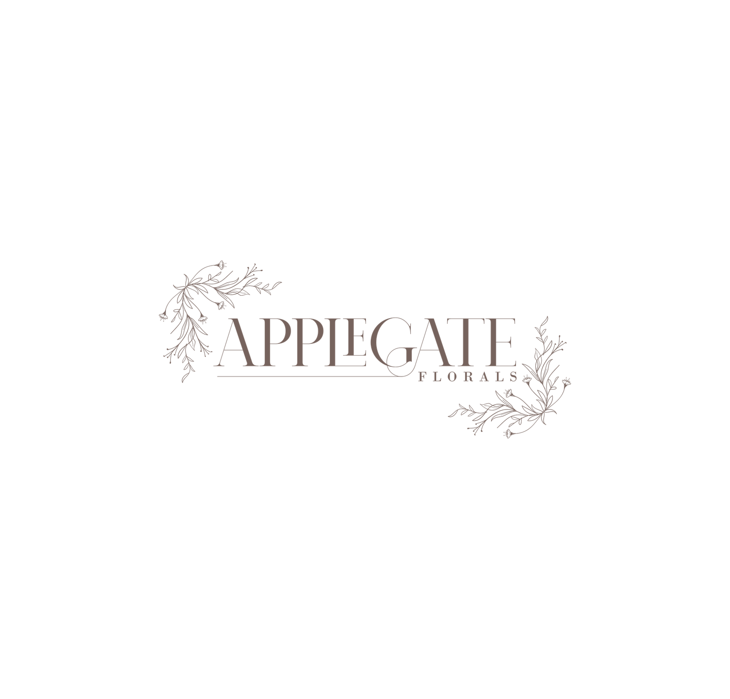 Applegate Florals elegant logo with delicate botanical branch illustrations in soft rose and gray tones.