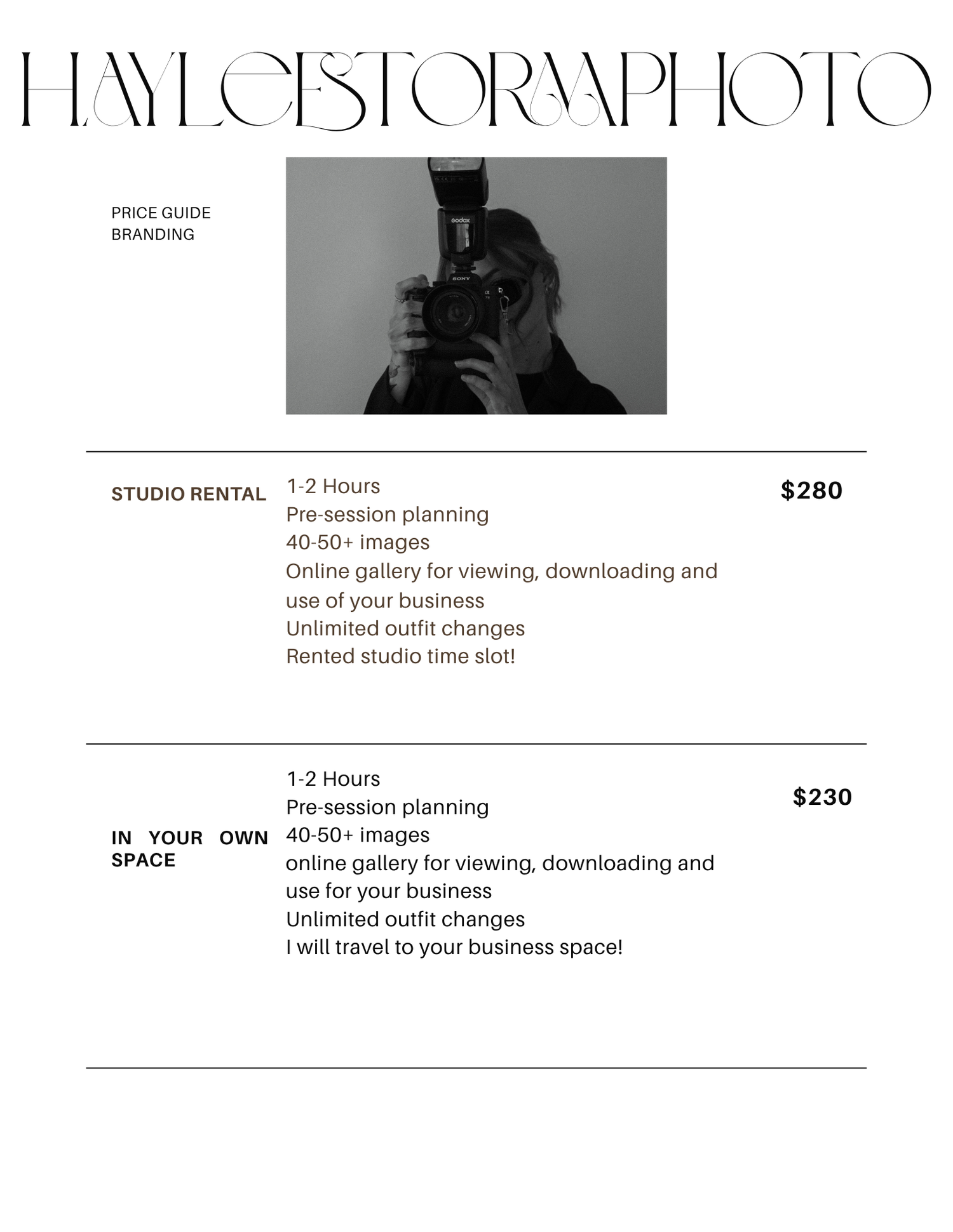 Professional photography branding price guide featuring a photographer in action and studio rental packages starting at $200.