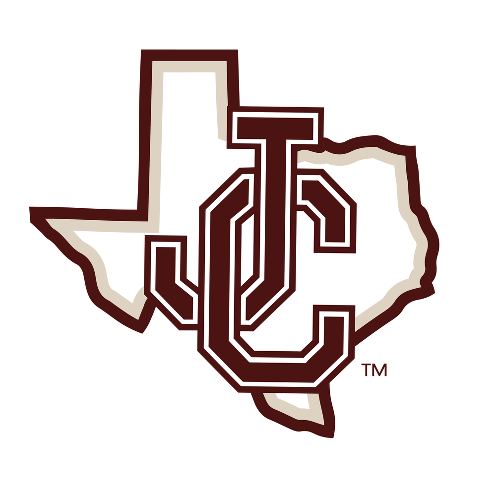 Jacksonville College Texans logo featuring interlocked JC letters over Texas state outline in maroon and white.