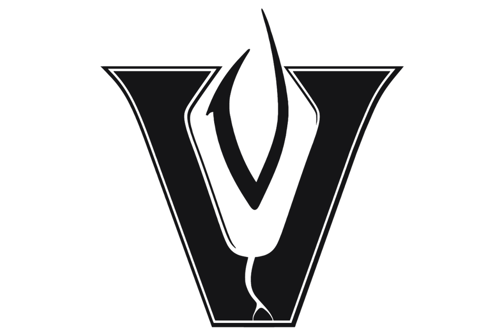 Black and white logo featuring a bold letter V with an elegant tulip flower design centered within it.