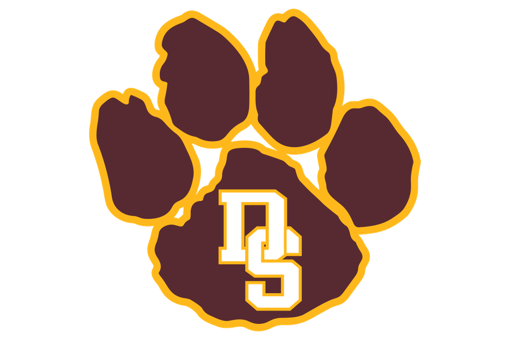Maroon and gold paw print logo featuring the letters DS, representing a school or sports team mascot emblem.