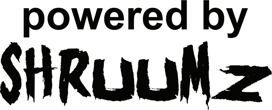 Black and white "Powered by Shruumz" logo decal with bold distressed typography on white background.
