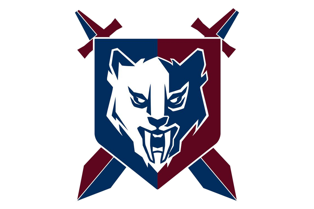 Fierce wolf mascot logo on a blue and red shield with crossed swords, ideal for sports teams.