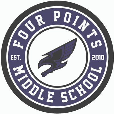 Four Points Middle School circular logo with eagle mascot, established 2010, in purple and gray colors.