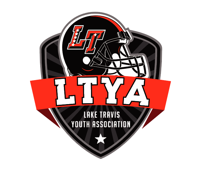 Lake Travis Youth Association (LTYA) football shield logo featuring a helmet with LT initials in red and black.