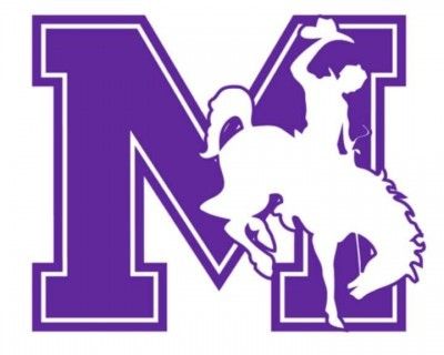 Purple letter M logo with a rodeo bull rider silhouette, representing a school or team mascot.