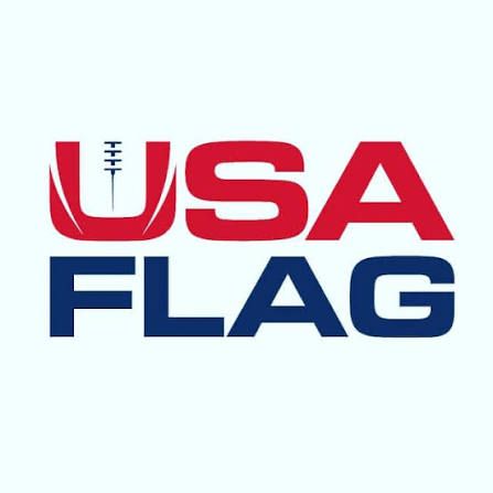 USA Flag football organization logo featuring bold red and navy blue text with a football graphic on a light blue background.