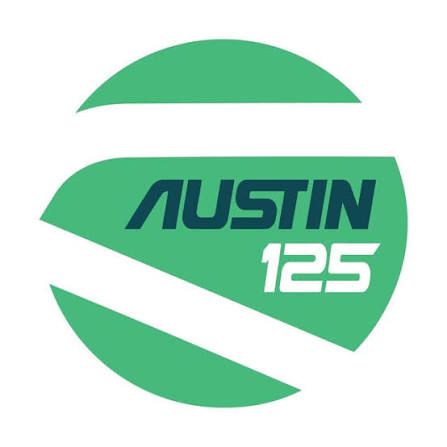 Green circular logo for Austin 125 featuring bold white text and dynamic swoosh design elements.