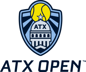 ATX Open tennis tournament logo featuring a shield with capitol building, tennis ball, and bold navy text.