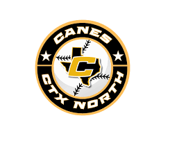 Canes CTX North baseball team logo with gold C emblem, black circle, stars, and baseball stitching design.