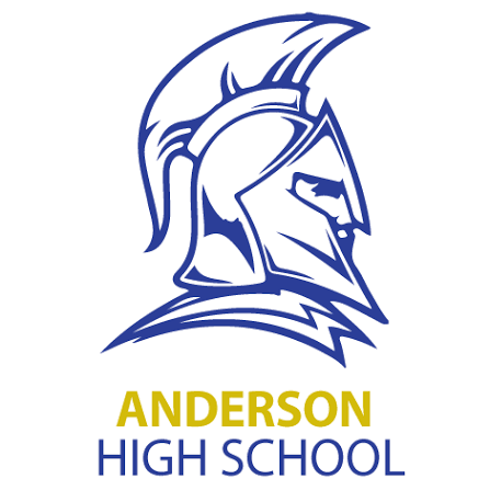 Anderson High School logo featuring a blue and gold Spartan warrior helmet mascot on a white background.