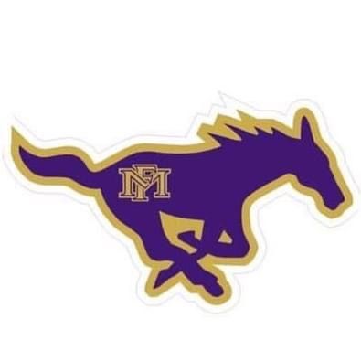 Purple and gold Mustangs logo featuring a galloping horse with interlocked FM letters on its side.