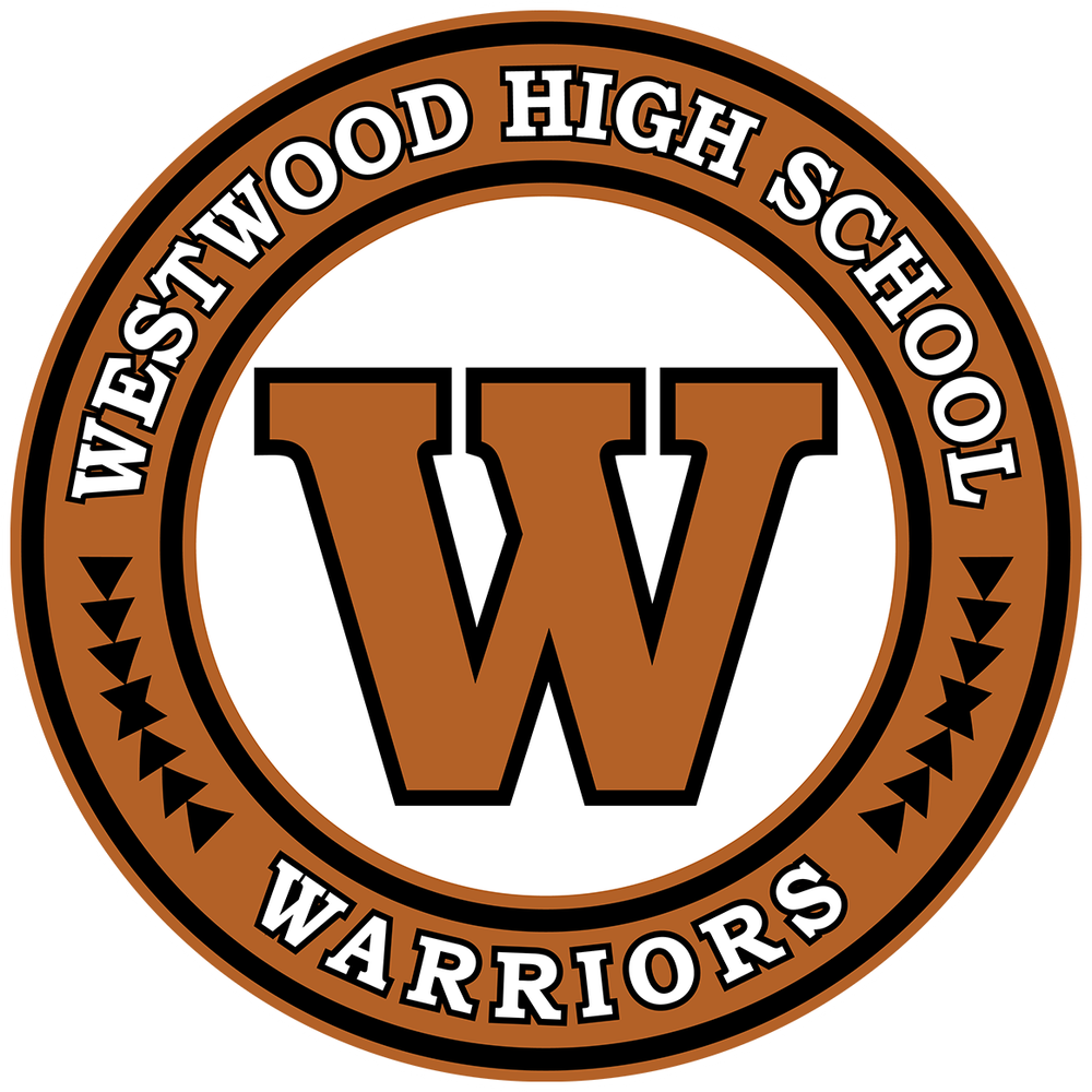 Westwood High School Warriors circular logo featuring a bold brown W emblem with orange and black border design.