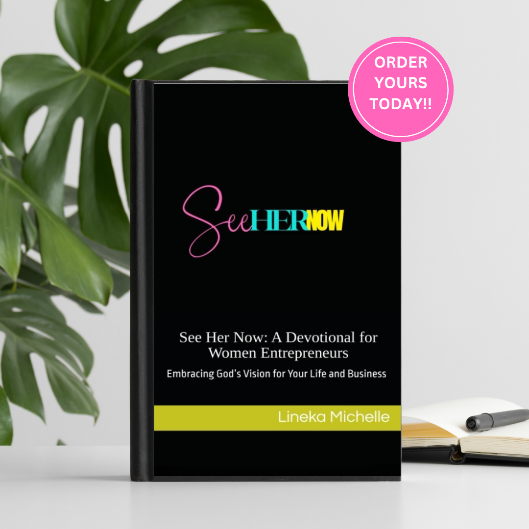 Black hardcover devotional book for women entrepreneurs titled See Her Now by Lineka Michelle with colorful typography.