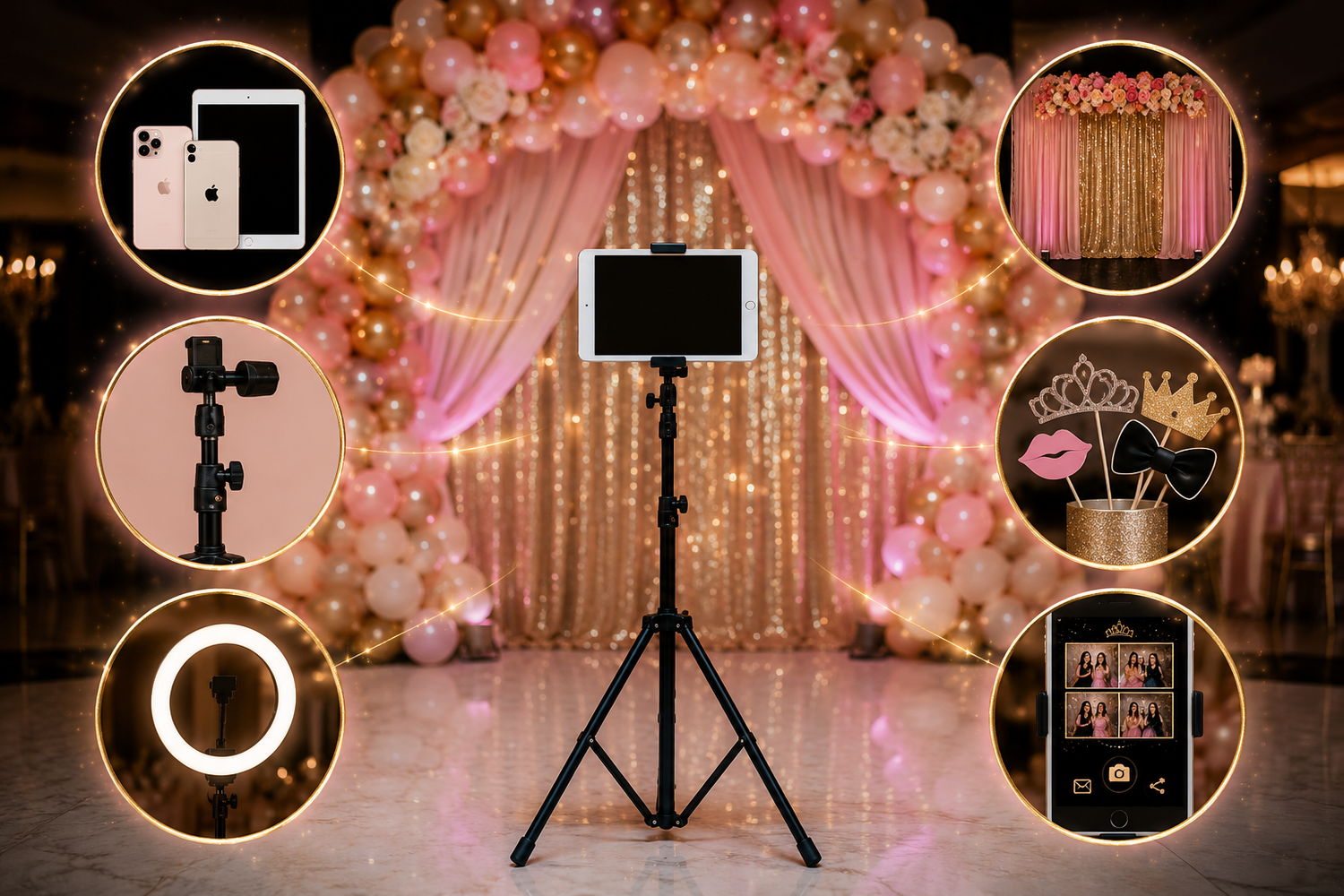 DIY iPad photo booth for Quinceañeras on a budget with simple lighting, backdrop and props for fun affordable reception guest photos DIY