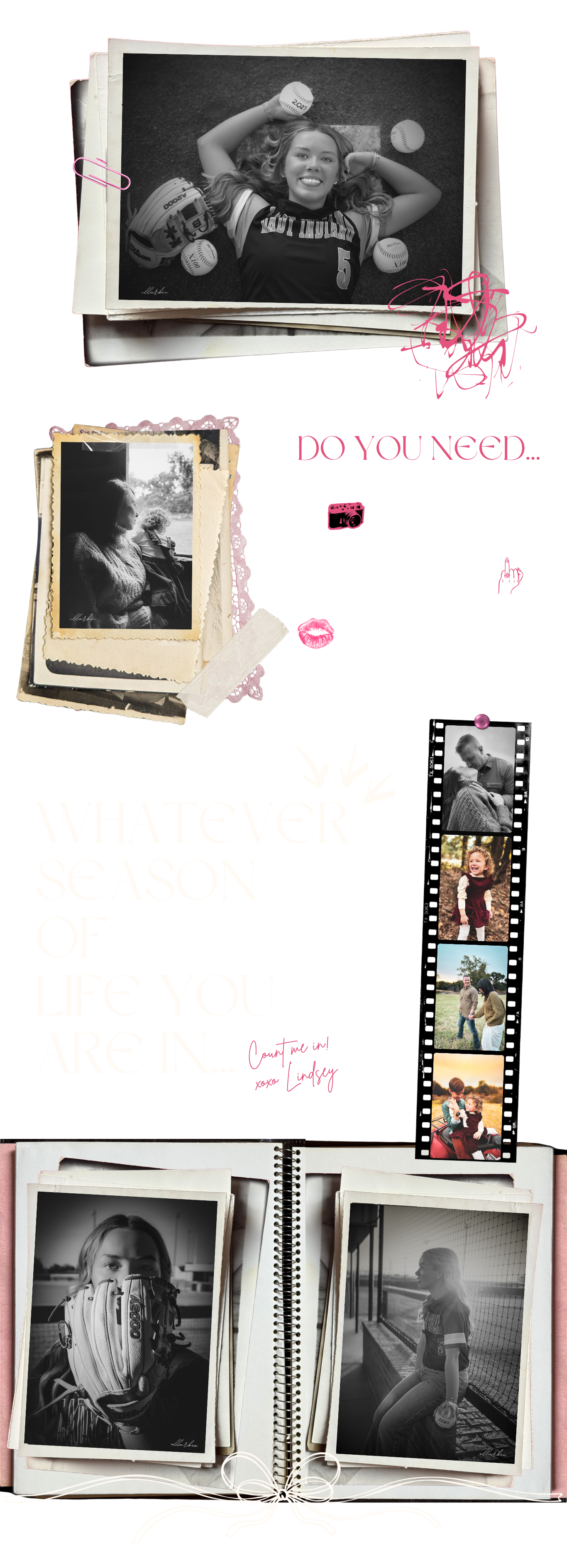 Vintage black and white photography collage with polaroids, film strip, and spiral notebook layout.