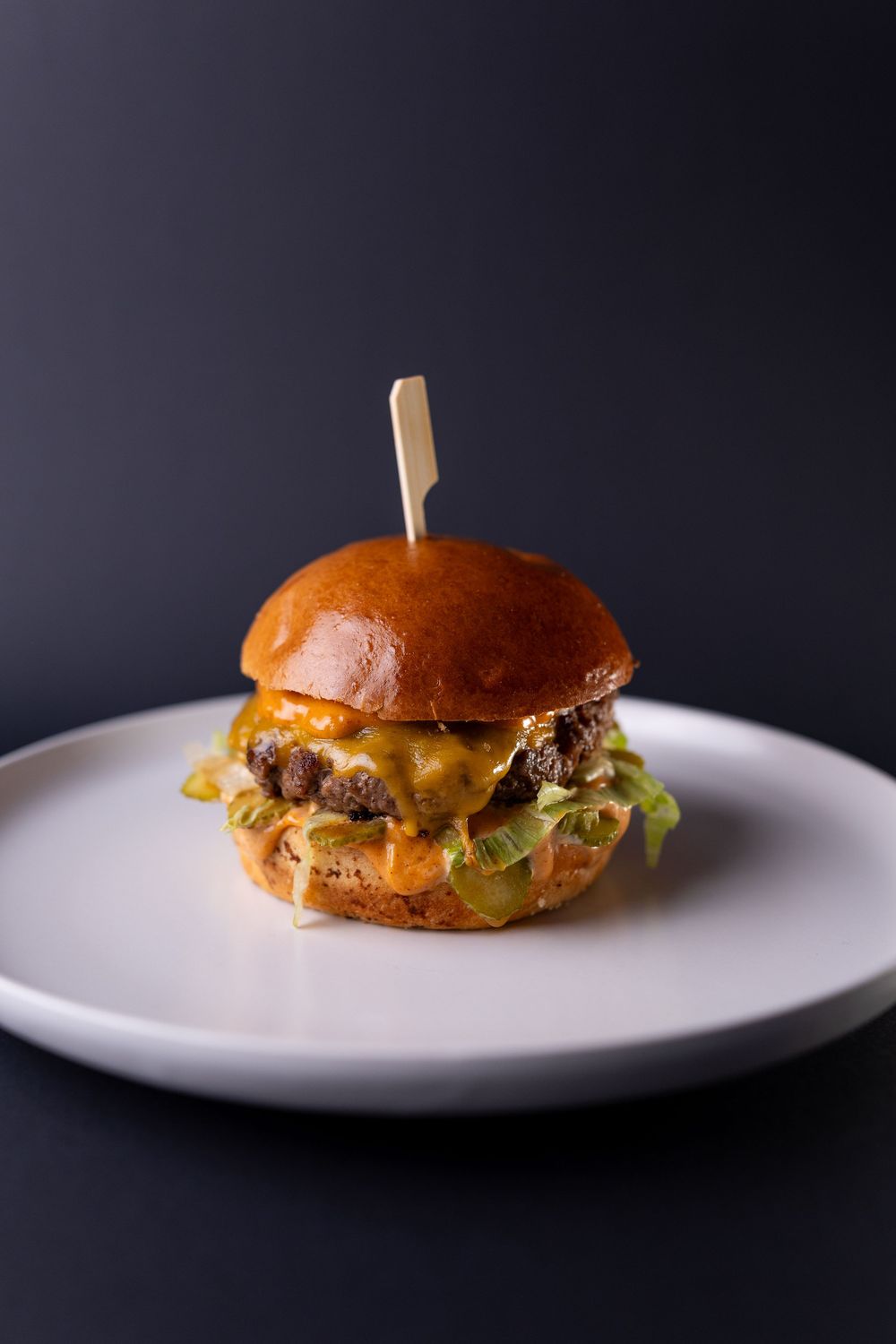 A juicy cheeseburger with melted cheddar, lettuce, and sauce on a brioche bun, served on a white plate.