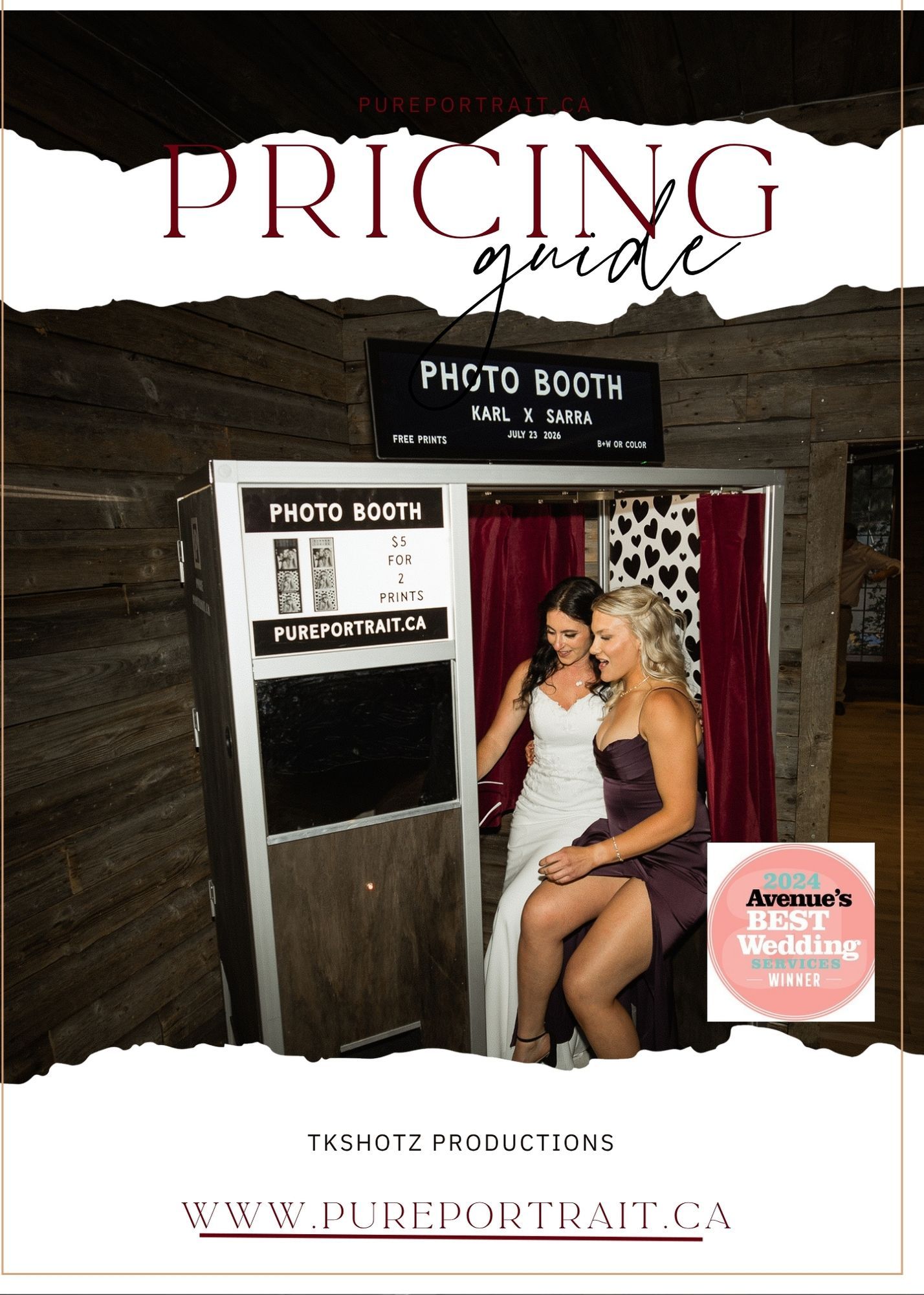 Vintage photo booth with red curtain and wood panel exterior, featured in Pure Portrait pricing guide by TKSHOTZ Productions.