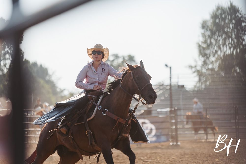 Cowgirl riding a dark horse at a sunny outdoor rodeo arena, wearing a white hat and pink shirt.